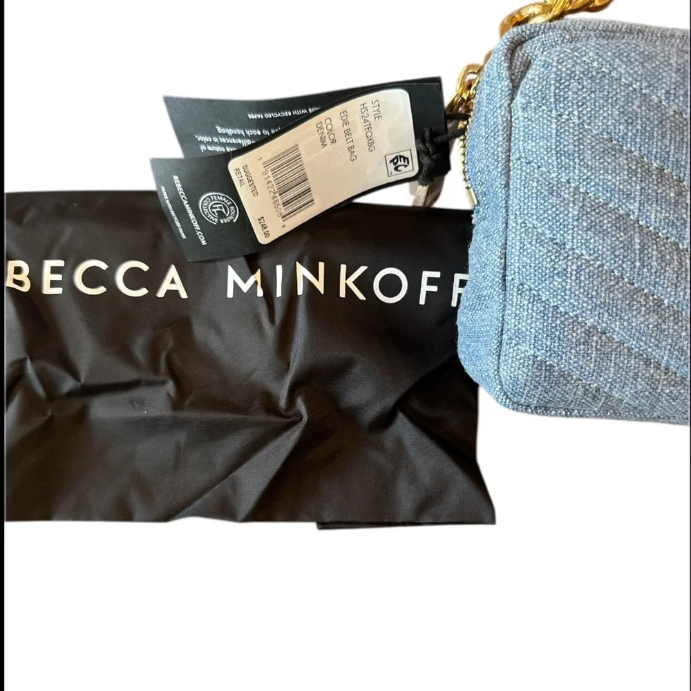 Rebecca Minkoff Eddie Blue Denim Chevron Quilted Gold Chain Belt Bag NWT